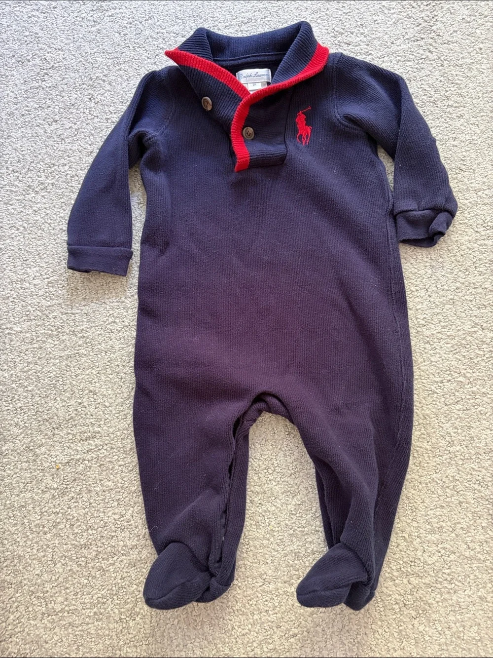 Ralph Lauren Navy One-Piece Footed Romper with Red Trim